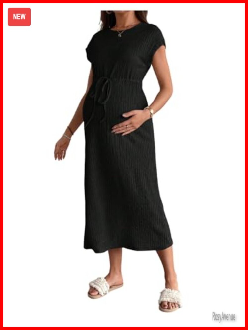 Maternity Summer Casual Short Sleeve Midi Dress | Drawstring Waist Textured